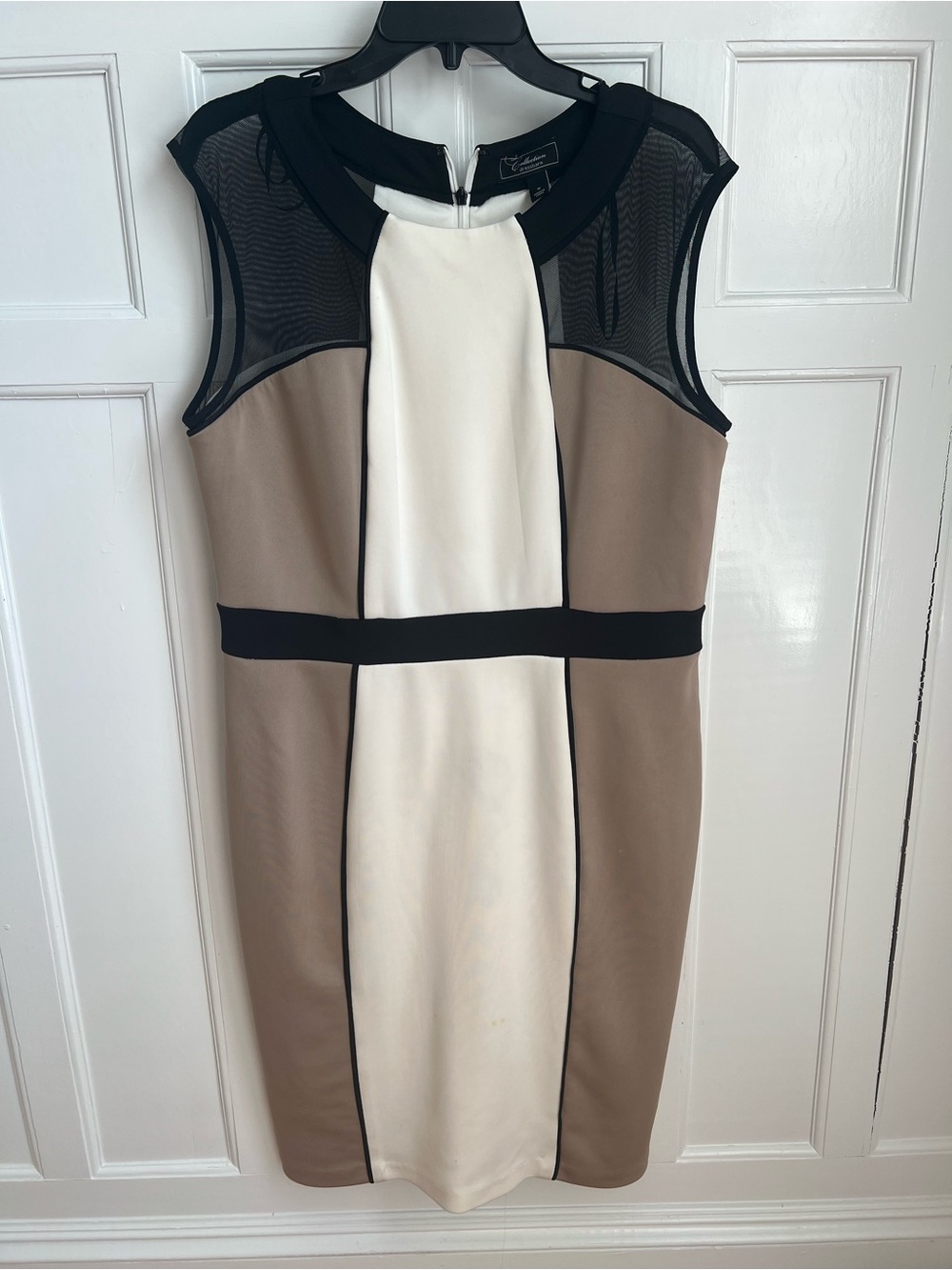 dressbarn Taupe, White & Black Mesh-Detail Colorblock Midi Dress